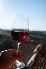 Wine tour with tasting of red dry wine and view on roofs of medieval houses in Châteauneuf-du-Pape ancient wine making village in France
