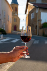 Tasting of red wine by old wine maker in Pierres Dorées region with yellow stone houses on south of Beaujolais region, France