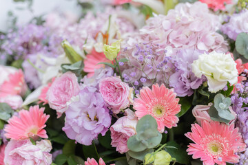 Fototapeta na wymiar bouquet of pink peonies and roses, gerbera and Hydrangea