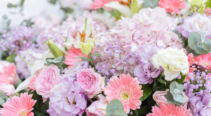 bouquet of pink peonies and roses, gerbera and Hydrangea	
