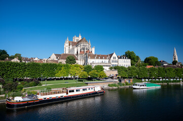 Naklejka premium Old streets and houses of Auxerre, medieval city on river Yonne, north of Burgundy, France