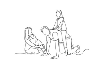 Fototapeta na wymiar Single one line drawing daughter is having fun with her family. Family time concept. Continuous line draw design graphic vector illustration.