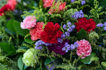 red, pink, green carnation bouquet, colourful flowers with green leafs for mother's day
