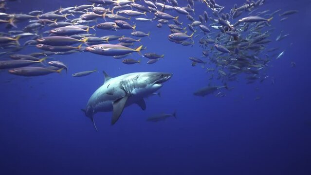 Great White Shark Swimming With The School Of Mackerel In The Blue Sea. - underwater