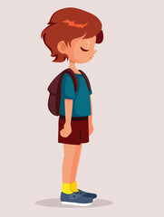 Unhappy Student Boy Wearing His Backpack Vector Cartoon. Stressed little child going back to school feeling sad
