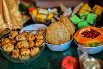 Tasty Mix of Indian Traditional Sweets For Holidays and Festivals. Fresh Happy Colors. Worship With Favourit Food of Main Hindu God and Goddess. Colorful Food Wallpaper