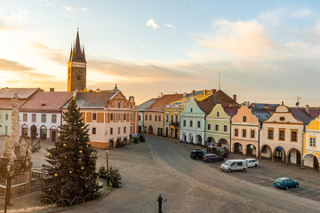 Obraz premium Telc , beautiful Unesco old town with Colorful houses around Hradec square , Renaissance architecture during winter morning : Telc , Czech : December 14, 2019