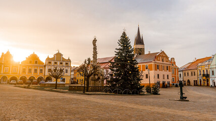 Telc , beautiful Unesco old town with Colorful houses around Hradec square , Renaissance architecture during winter morning : Telc , Czech  : December 14, 2019