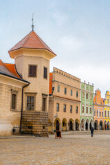 Fototapeta premium Telc , beautiful Unesco old town with Colorful houses around Hradec square , Renaissance architecture during winter morning : Telc , Czech : December 14, 2019