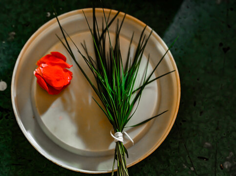 White Plate With Red Petals and Green Grass For Main Hindu God Lord Ganesha. Lord Ganesh Symbols. Ganpati. Maharashtra Culture. Hindu Religion