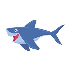 Cute smiling shark flat picture. Comic predator fish isolated on white background vector illustration. Underwater wildlife and ocean animals concept