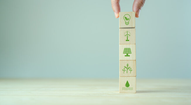 Renewable energy, sustainability, ecology concept. Carbon reduction strategy and action to limit climate change and global warming. Environmental protection, renewable, sustainable energy sources.