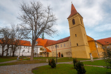 Monastery of the minorites in Cesky Krumlov around Latan street and buildings in old town  during winter . Cesky Krumlov , Czech  : December 15, 2019