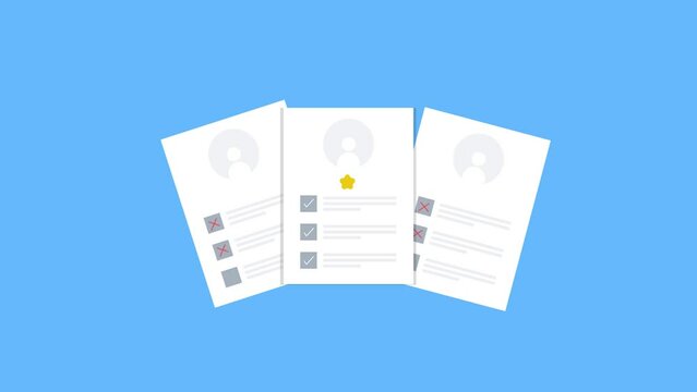 Employee hiring concept, resume paper with candidate photo and personal information, job recruitment process animation.