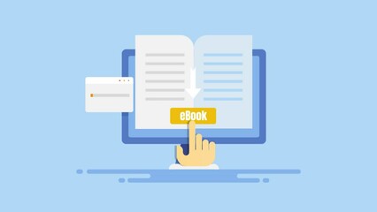 Ebook download concept, hand clicking on ebook button file download complete from cloud storage animation video.