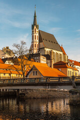 Church of St. Vitus in Cesky Krumlov , Gothic church in romantic town along Vltava River during winter . Cesky Krumlov , Czech  : December 15, 2019