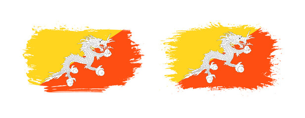 Set of two grunge brush flag of Bhutan on solid background