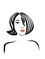 illustration of women short hair style and make up face on white background, vector. 
Red lips, long eyelashes