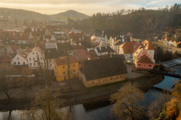 Obraz premium Panoramic view from Cesky Krumlov castle , medieval chateau complex along Vltava River during winter . Cesky Krumlov , Czech : December 15, 2019