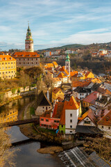Panoramic view from Cesky Krumlov castle , medieval chateau complex  along Vltava River during winter . Cesky Krumlov , Czech  : December 15, 2019