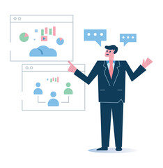 Businessman speaker and presenting business data analysis on screen. Isolated flat graphic design. vector illustration