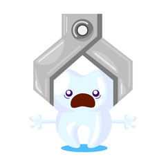 Cartoon tooth care. Tooth with dental tool. Vector illustration for dental care, dentist visiting, hygiene concept