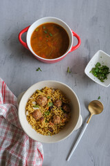 Homemade Indian gourmet meal. Mutton Meatball Briyani with Curry Soup. Delicious and healthy lunch or dinner
