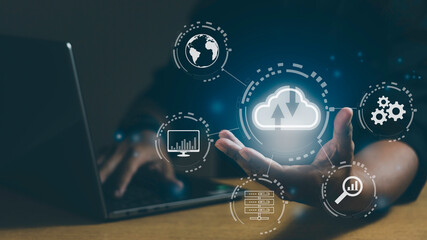 Man using Laptop and showing cloud computing diagram. Networking and internet service concept.