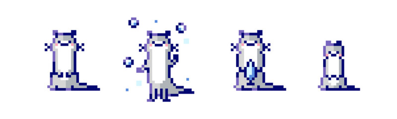 Pixel otter illustration set. Pixel art animal otter icons collection. 8 bit 90s game style cute asset sticker illustrations. Funny pixelated otter characters.
