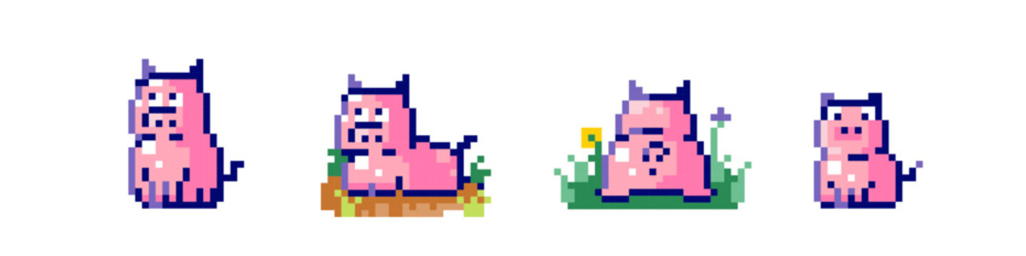 Pixel pig illustration set. Pixel art animal pig icons collection. 8 bit 90s game style cute asset sticker illustrations. Funny pixelated pig characters.
