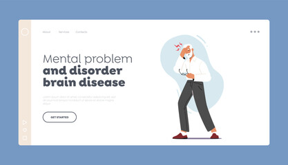 Mental Problem and Disorder Brain Disease Landing Page Template. Elderly Character Feel Head Ache, Old man with Pain