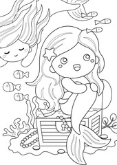 Fototapeta na wymiar Cute Mermaid Coloring Pages A4 for Kids and Adult