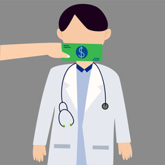 Giving bribe to doctor concept. Illustration of doctor taking corruption money.