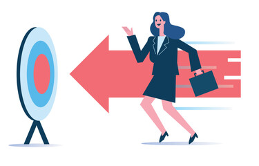 Business woman running to the target. Goal and leadership business concept. Isolated flat graphic design. vector illustration