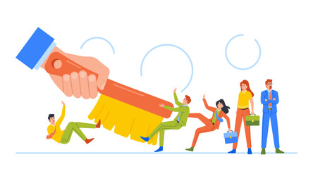 Downsnizing Business Concept. Huge Boss Hand Brushing or Sweep Team of People. Personnel Reducing Metaphor