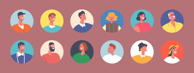 Set of People Avatars, Isolated Round Icons. Male or Female Characters with Different Appearance, Social Status and Ages