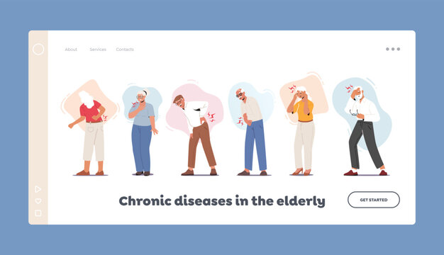 Elderly People Chronic Disease Landing Page Template. Elderly People Suffer Of Ache In Back, Head, Arms And Heart