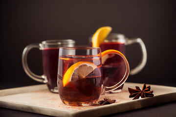 Mugs of mulled wine, hot winter drink, food photography and illustration