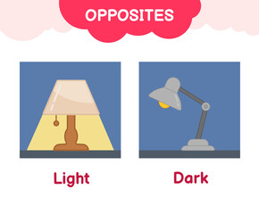 Vector learning material for kids opposites dark light. Cartoon illustrations of lamp on and lamp off.
