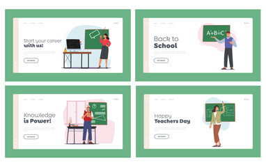 Teachers Stand at Blackboard Landing Page Template Set. Tutors Teach Different Subjects. Tutor Characters Explain Lesson