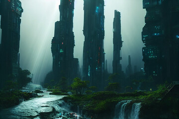 futuristic cyberpunk city, concept art, digital illustration