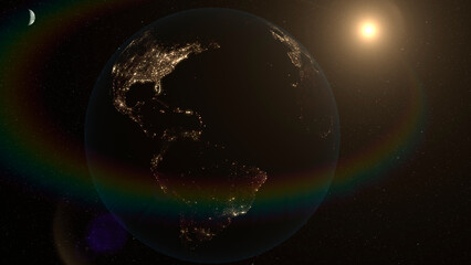 planet earth, moon and sun in space starry background cosmic solar stars sunrise in space