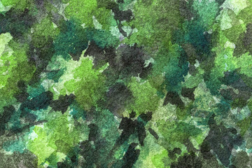 Abstract art background dark green and black colors. Watercolor painting on canvas with olive spots.