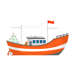 Boat vector illustration. Fisherman trawlers, ships with cranes lifting nets isolated on white. For food and seafood industry, marine job, transportation concept