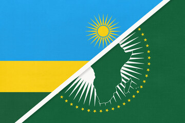 African Union and Rwanda national flag from textile. Africa continent vs Rwandan symbol.