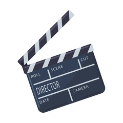Obraz premium Cinema element. Clapperboard, montage tape, video camera. Vector illustration for cinema theater, film industry, show, movie making concept