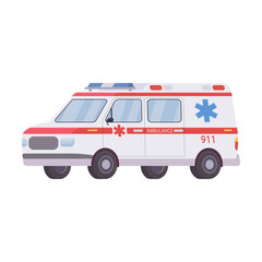 911 emergency vehicle. Ambulance van truck isolated on white. Vector illustrations for accident, rescue, transport concept