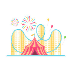Colorful park flat element. Cartoon carnival, circus and funfair carousels isolated on white background vector illustration. Fantasy playground entertainment