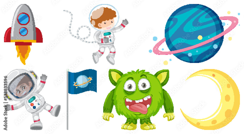 Wall mural set of space cartoon characters and objects