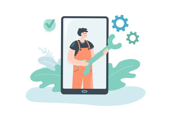 Worker with wrench on phone screen flat vector illustration. Online repair service. Maintenance, assistance, diagnostic, cyberspace concept for banner, website design or landing web page